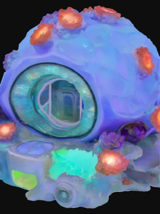 3D model for Massive sci-fi coral house structure with iridescent nacre surfaces (rainbow patina), barnacle clusters, embedded glowing plankton (soft green emissive zones), and eroded tidal patterns. Include tessellation for micro-surface detail.