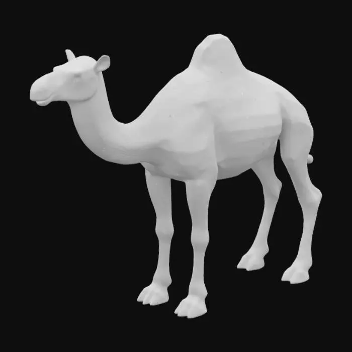 3D model for A realistic 3D model of a camel, with accurate anatomy, natural fur texture, lifelike proportions, realistic desert colors.