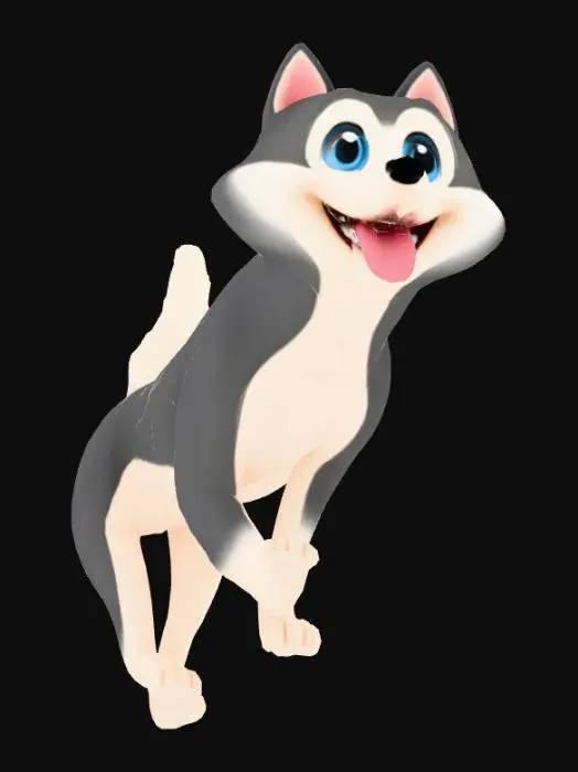 3D model for stylized husky dog female standing, with her tongue out, looking happy, stylish and graceful, game ready mesh