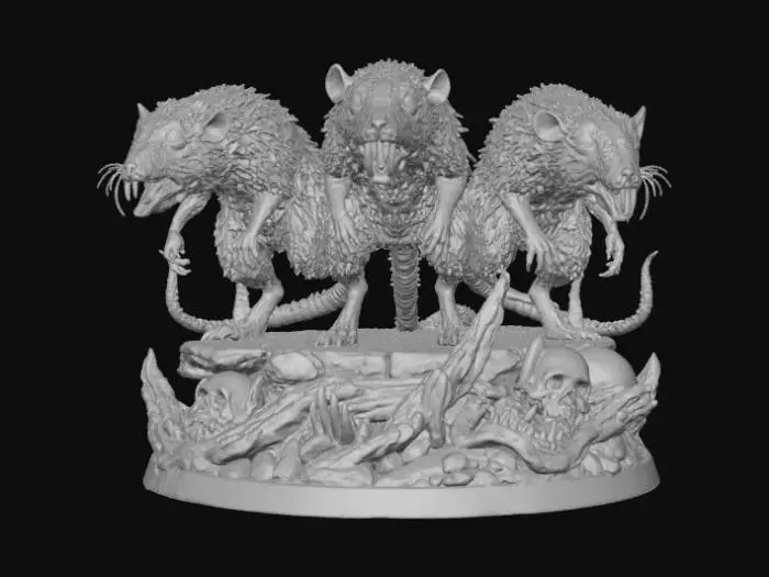3D model for A 3D image of a pack of mangy-looking ratswith black, beady eyes and overly large teeth.  The rats are standing on a round horror-themed base. White background. , #villain#
