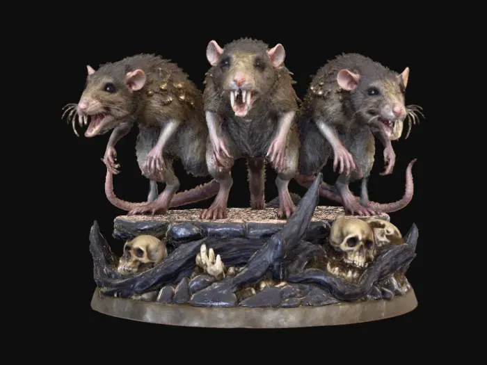 3D model for A 3D image of a pack of mangy-looking ratswith black, beady eyes and overly large teeth.  The rats are standing on a round horror-themed base. White background. , #villain#