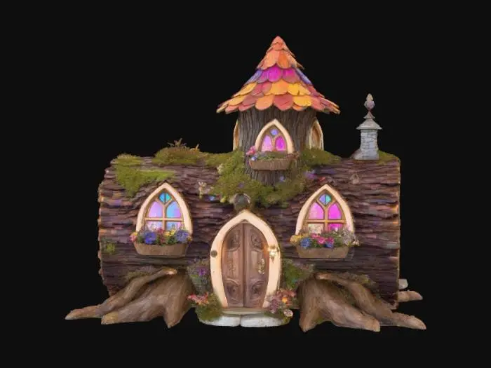 3D model for A highly detailed 3D image of a fairy house made out of a hollow log. Arched windows and doorways. Flower boxes under the windows. White background.