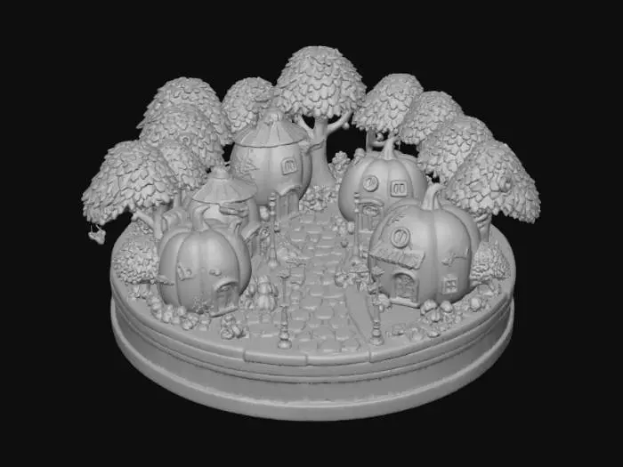 3D model for A 3D image of a kawaii pumpkin village with cobblestone streets and autumn trees.  Halloween-themed decorations adorn the pumpking houses and the iron lampposts.  The scene is set on a round autumn-themed base. , #Halloween2025#