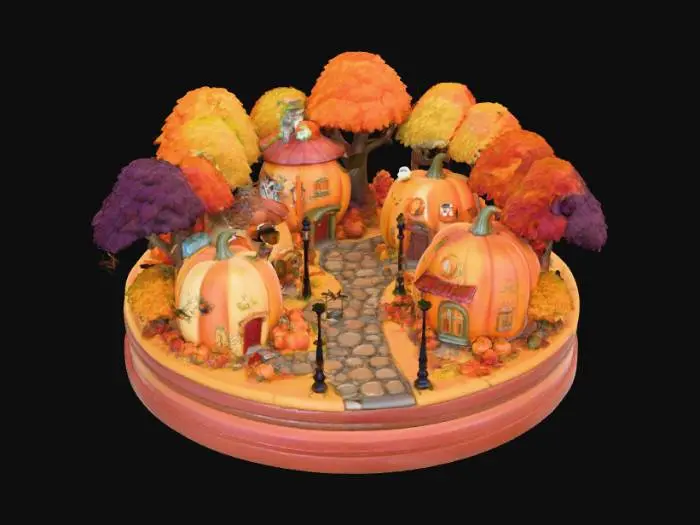 3D model for A 3D image of a kawaii pumpkin village with cobblestone streets and autumn trees.  Halloween-themed decorations adorn the pumpking houses and the iron lampposts.  The scene is set on a round autumn-themed base. , #Halloween2025#