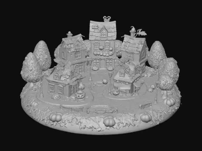3D model for A 3D image of a kawaii New England village with cobblestone streets and autumn trees.  Halloween-themed decorations adorn the buildings and the iron lampposts.  The scene is set on an oval autumn-themed base. , #Halloween2025#