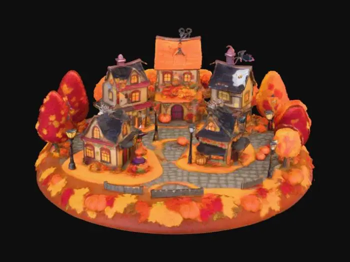 3D model for A 3D image of a kawaii New England village with cobblestone streets and autumn trees.  Halloween-themed decorations adorn the buildings and the iron lampposts.  The scene is set on an oval autumn-themed base. , #Halloween2025#