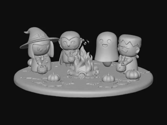 3D model for A 3D image of a chibi-style bonfire. Cute trick-or-treaters stand around the fire.  The scene is set on an oval Autumn-themed base. Dusky lighting. , #Halloween2025#