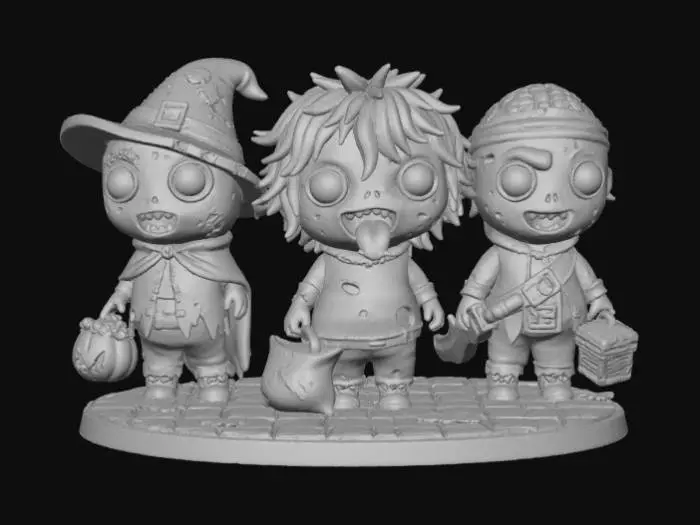 3D model for A 3D image of three chibi-style zombies out trick-or-treating.  Set on an oval cobblesone-textured base.  Muted colors.  Bold and thick details.  Highly detailed., #Halloween2025#