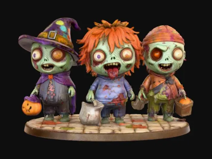 3D model for A 3D image of three chibi-style zombies out trick-or-treating.  Set on an oval cobblesone-textured base.  Muted colors.  Bold and thick details.  Highly detailed., #Halloween2025#