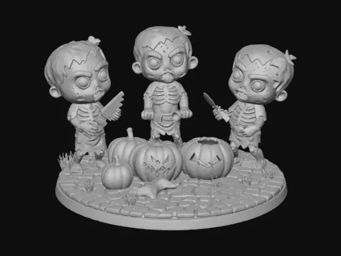 3D model for A 3D image of three chibi-style zombies carving pumpkins into jack-o-lanterns.  Set on an oval cobblesone-textured base.  Muted colors.  Bold and thick details.  Highly detailed., #Halloween2025#