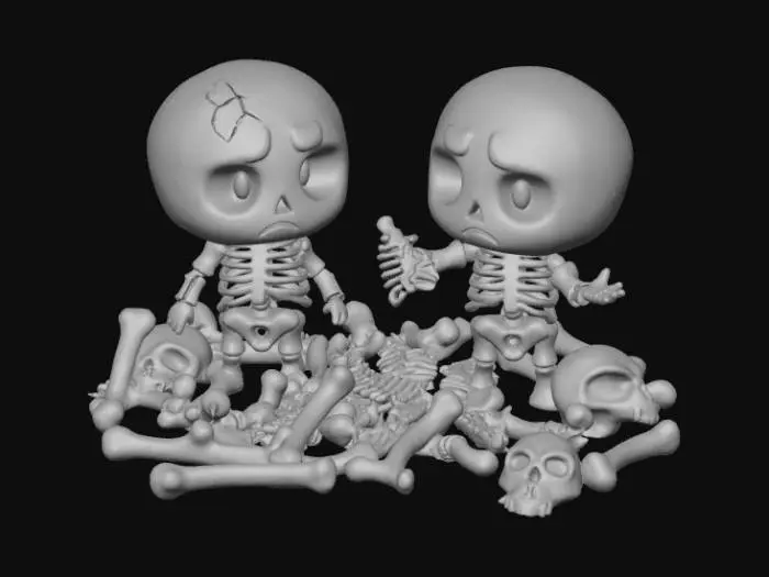 3D model for A 3D image of two chibi-style skeletons trying to figure out whose bones belong to whom. Thick and bold detail. Muted lighting. Matte finish. #Halloween2025