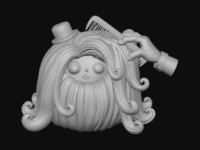 3D model for A 3D image of chibi-style Cousin It getting his hair combed by Thing from The Addams Family.  Thick and bold details.  Highly detailed.  Highly stylized.  Matte finish.  Dusky lighting.  , #Halloween2025#