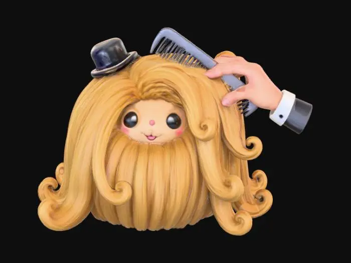 3D model for A 3D image of chibi-style Cousin It getting his hair combed by Thing from The Addams Family.  Thick and bold details.  Highly detailed.  Highly stylized.  Matte finish.  Dusky lighting.  , #Halloween2025#