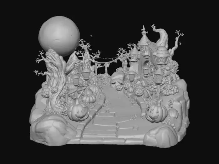 3D model for Curved chibi carnival pathway lined with jack-o’-lanterns and tiny candy corn lamps. Rounded 3D toy-like design, simplified structure, limited palette, transparent background. , #Halloween2025#