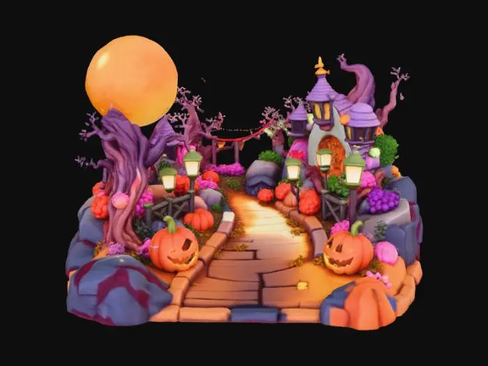 3D model for Curved chibi carnival pathway lined with jack-o’-lanterns and tiny candy corn lamps. Rounded 3D toy-like design, simplified structure, limited palette, transparent background. , #Halloween2025#