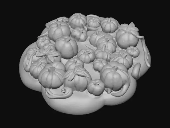 3D model for Chibi 3D diorama base shaped like a pumpkin patch, dotted with miniature pumpkins and curling vines. Rounded bold details, simplified shapes, warm orange and green tones, transparent background. , #Halloween2025#