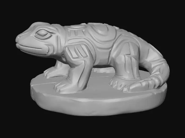 3D model for A 3D image of a simple wooden carved lizard shape, chunky, roughly carved, standing on a round base.  Thick and bold details.  Deeply etched and embossed details. Solid colored background.