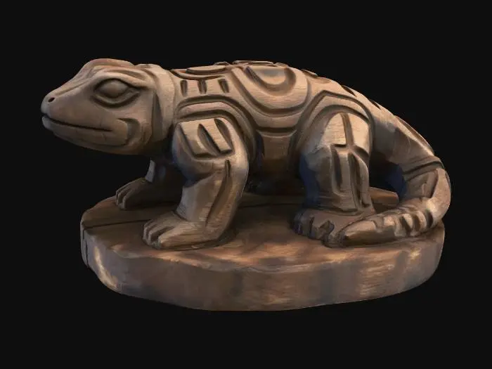 3D model for A 3D image of a simple wooden carved lizard shape, chunky, roughly carved, standing on a round base.  Thick and bold details.  Deeply etched and embossed details. Solid colored background.