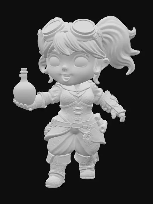 3D model for a 3D image of a chibi-style female Dungeons & Dragons artificer in an action pose holding a potion bottle. Dressed in medieval clothing. Thick and bold etched and embossed details.  Highly stylized. 