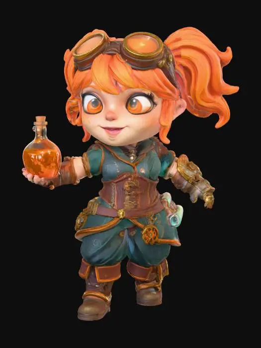 3D model for a 3D image of a chibi-style female Dungeons & Dragons artificer in an action pose holding a potion bottle. Dressed in medieval clothing. Thick and bold etched and embossed details.  Highly stylized. 
