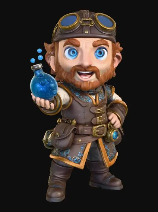 3D model for a 3D image of a chibi-style male Dungeons & Dragons artificer in an action pose holding a potion bottle. Dressed in medieval clothing. Thick and bold etched and embossed details.  Highly stylized. 