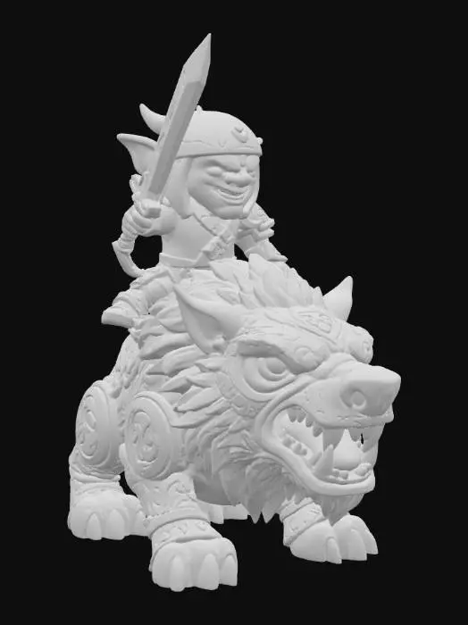 3D model for A 3D image of a chibi-style Dungeons & Dragons snarling worg with a goblin rider holding a sword. Thick and bold etched and embossed details. Highly stylized.
