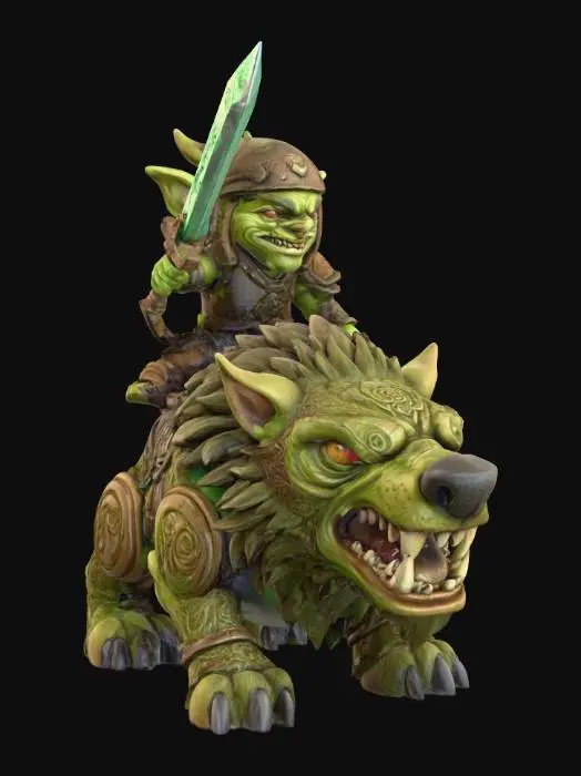 3D model for A 3D image of a chibi-style Dungeons & Dragons snarling worg with a goblin rider holding a sword. Thick and bold etched and embossed details. Highly stylized.