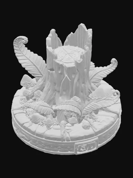 3D model for a 3D image of a round Dungeons & Dragons base with a tree stump surrounded by ferns and mushrooms. Thick and bold etched and embossed details. Highly stylized.