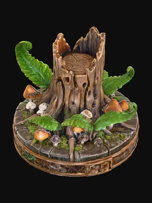 3D model for a 3D image of a round Dungeons & Dragons base with a tree stump surrounded by ferns and mushrooms. Thick and bold etched and embossed details. Highly stylized.