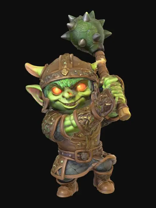 3D model for a 3D image of a cute chibi-style male Dungeons & Dragons hobgobblin adventurer in an action pose holding a mace.  Wearing leather armor. Thick and bold etched and embossed details.  Highly stylized. 