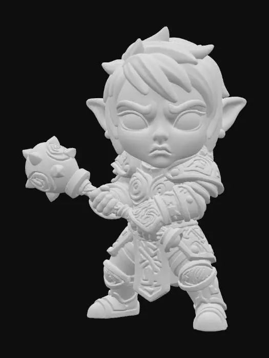 3D model for a 3D image of a chibi-style female Dungeons & Dragons hobgobblin adventurer in an action pose holding a mace.  Wearing leather armor. Thick and bold etched and embossed details.  Highly stylized. 