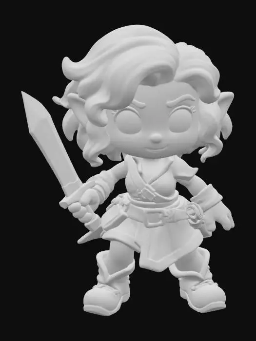 3D model for A 3D image of a toy-like Dungeons & Dragons friendly female hobbit adventurer in an action pose, holding a dagger.  Thick and bold details.  Highly stylized.