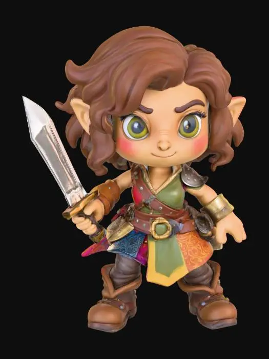 3D model for A 3D image of a toy-like Dungeons & Dragons friendly female hobbit adventurer in an action pose, holding a dagger.  Thick and bold details.  Highly stylized.