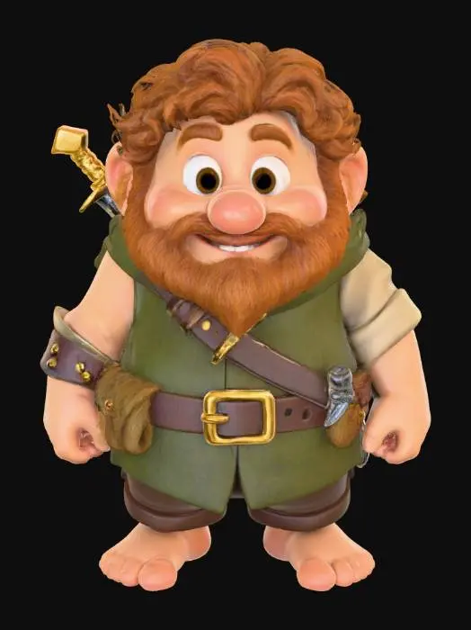3D model for A 3D image of a toy-like Dungeons & Dragons friendly male hobbit adventurer.  Thick and bold details.  Highly stylized.