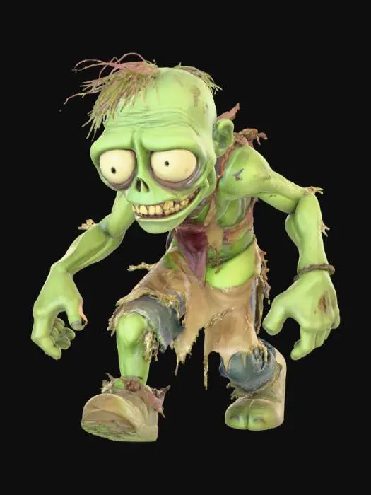 3D model for A 3D image of a toy-like zombie shuffling forward. Wearing ragged clothing. Missing part of an arm. Thick and bold details. Highly stylized.
