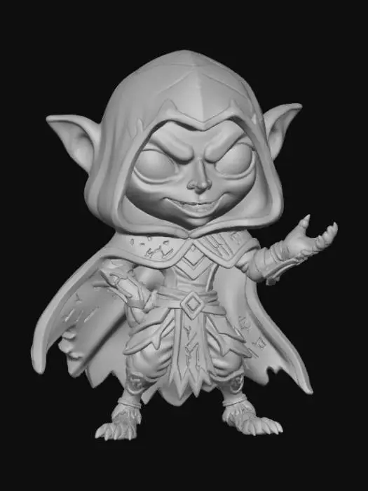 3D model for A 3D image of a chibi-style Dungeons & Dragons darkling.  Thick and bold detail.  Highly stylized.  White background.