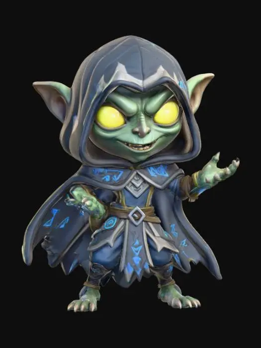 3D model for A 3D image of a chibi-style Dungeons & Dragons darkling.  Thick and bold detail.  Highly stylized.  White background.