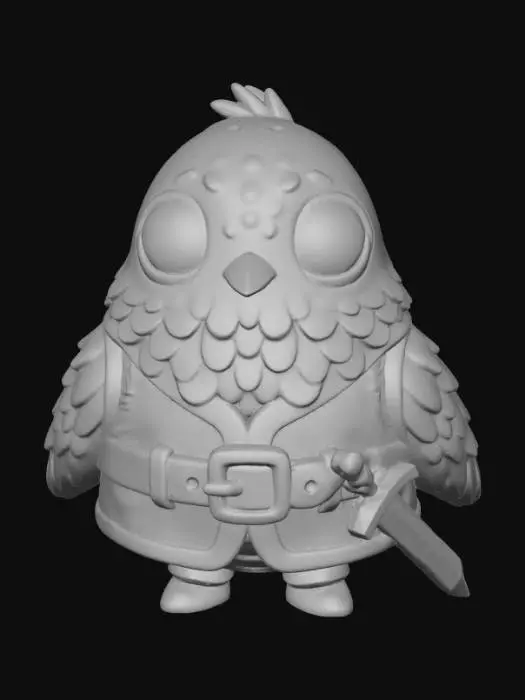 3D model for A 3D image of a chibi-style Dungeons & Dragons dove adventurer wearing medieval clothing and carrying a sword.  Thick and bold details.  Highly stylized.  White background.