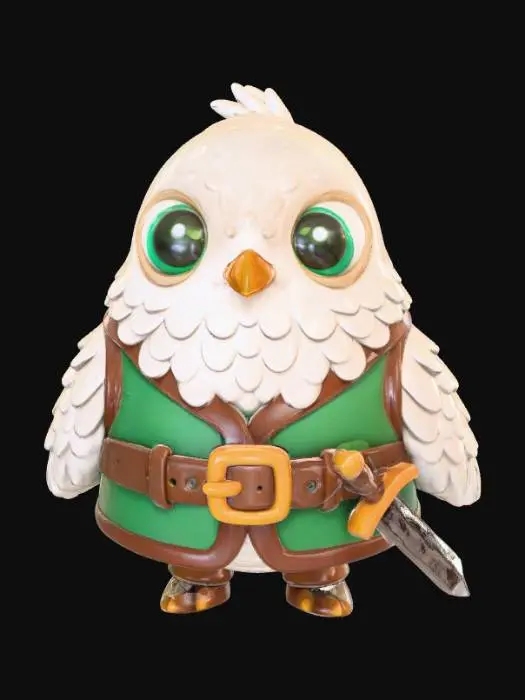3D model for A 3D image of a chibi-style Dungeons & Dragons dove adventurer wearing medieval clothing and carrying a sword.  Thick and bold details.  Highly stylized.  White background.