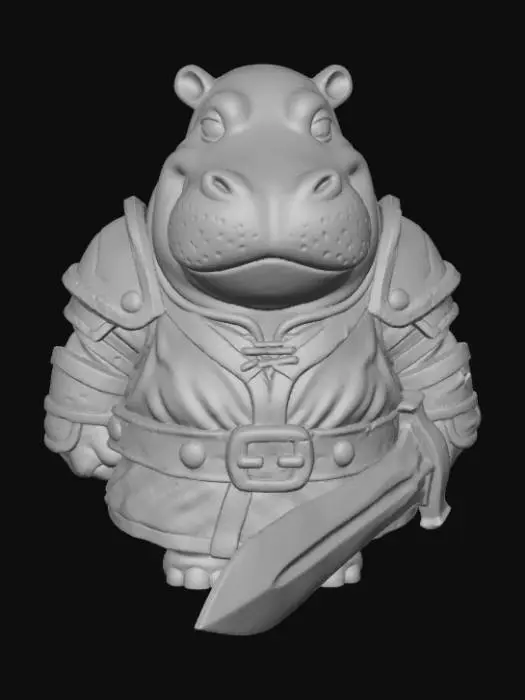 3D model for A 3D image of a chibi-style Dungeons & Dragons hippo adventurer wearing medieval clothing and carrying a sword.  Thick and bold details.  Highly stylized.  White background.