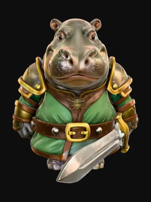 3D model for A 3D image of a chibi-style Dungeons & Dragons hippo adventurer wearing medieval clothing and carrying a sword.  Thick and bold details.  Highly stylized.  White background.