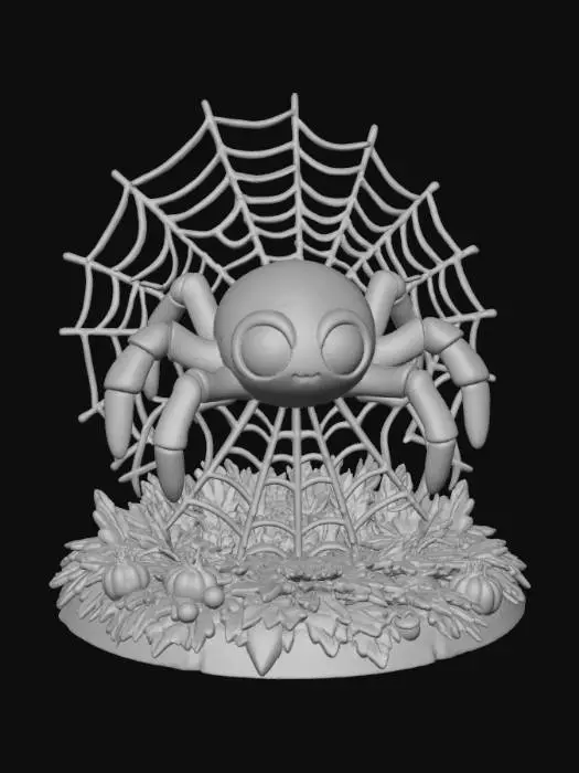 3D model for Please create a 3D image of a chibi-style giant spider sitting in the middle of a web. The character is standing on a round autumn themed base. Highly stylized and highly detailed. Thick and bold details. Transparent background. , #Halloween2025#