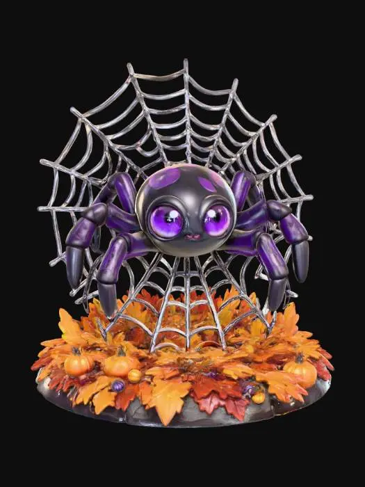 3D model for Please create a 3D image of a chibi-style giant spider sitting in the middle of a web. The character is standing on a round autumn themed base. Highly stylized and highly detailed. Thick and bold details. Transparent background. , #Halloween2025#
