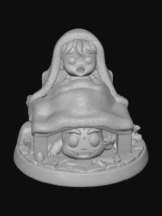 3D model for A 3D image of a chibi-style child hidding in bed from a chibi-style monster under the bed.  The scene is on a round base. White background. , #Halloween2025#
