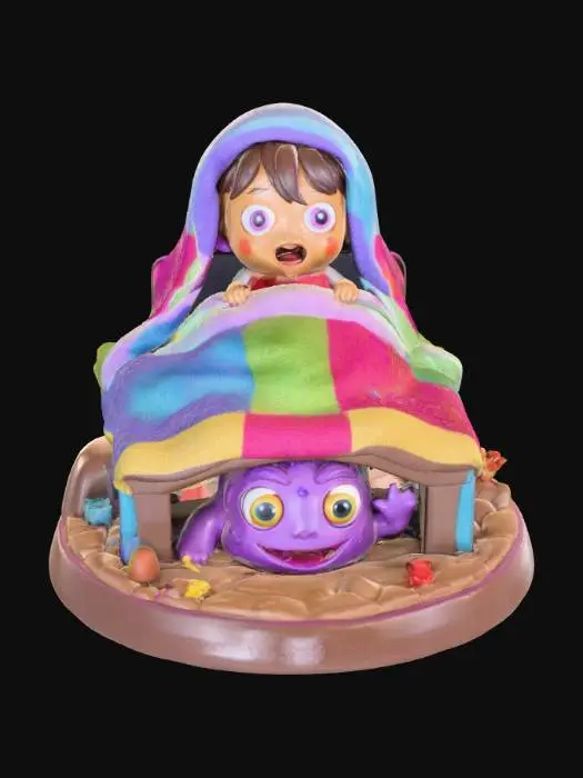 3D model for A 3D image of a chibi-style child hidding in bed from a chibi-style monster under the bed.  The scene is on a round base. White background. , #Halloween2025#