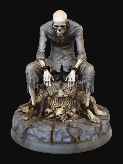 3D model for A 3D image of an emaciated man in ragged clothing, shackles on his hands and feet, hunched over a pile of bones. Set on a round horror-themed base. Transparent background. , #Halloween2025#
