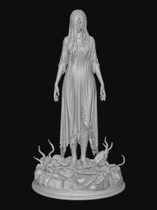 3D model for A 3D image of a woman with long black hair hanging in her face.  She is dressed in a tattered white nightgown.  Her arms hang limply at her sides.  Set on a round horror-themed base. Transparent background. , #Halloween2025#