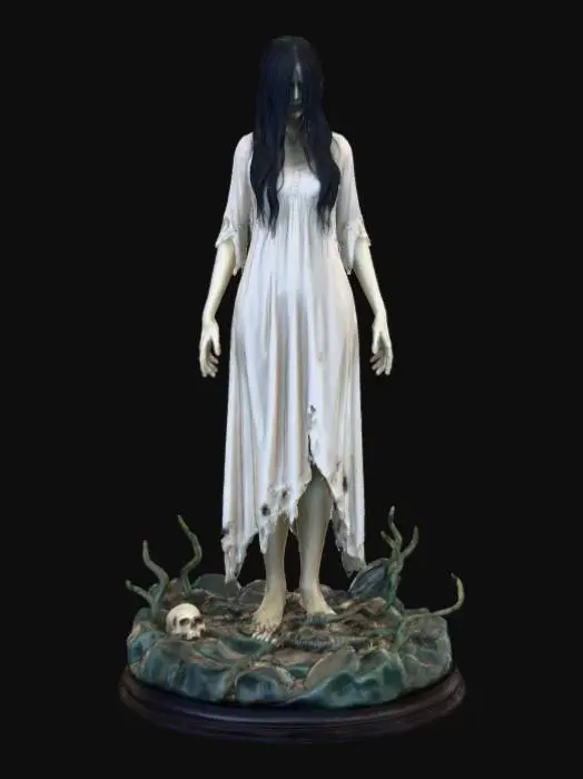 3D model for A 3D image of a woman with long black hair hanging in her face.  She is dressed in a tattered white nightgown.  Her arms hang limply at her sides.  Set on a round horror-themed base. Transparent background. , #Halloween2025#