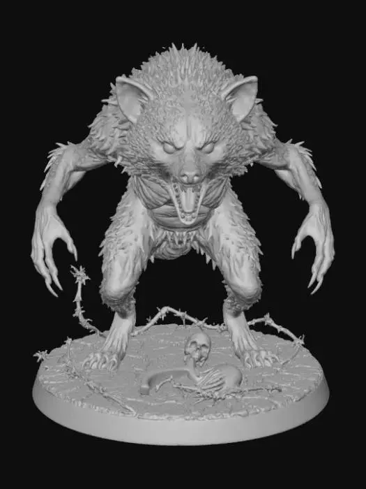 3D model for A 3D image of a thin, mangy, rabid raccoon standing in a threatening pose.  It's teeth and claws are bared menacingly.  Standing on a round horror-themed base.  Transparent background., #Halloween2025#