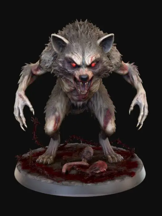 3D model for A 3D image of a thin, mangy, rabid raccoon standing in a threatening pose.  It's teeth and claws are bared menacingly.  Standing on a round horror-themed base.  Transparent background., #Halloween2025#